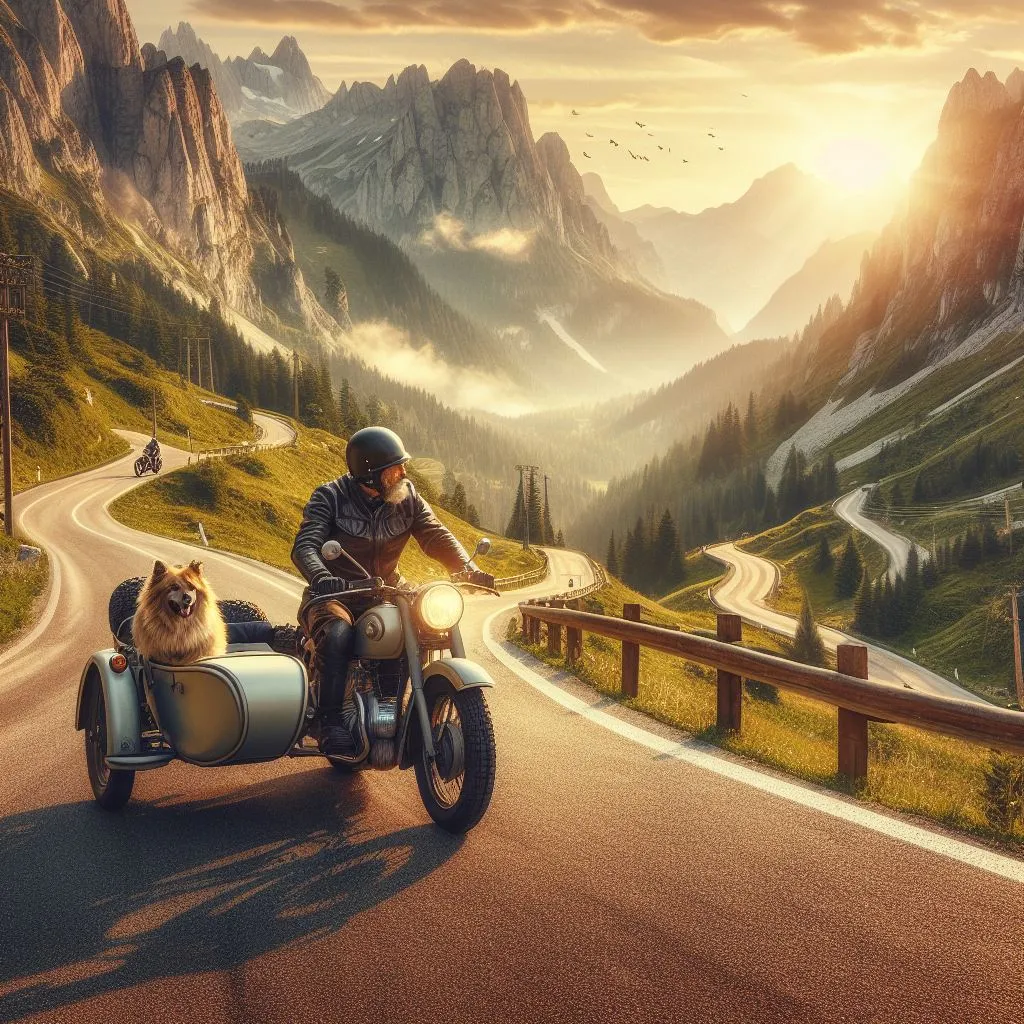 Man Riding Motorcycle with Dog in Sidecar