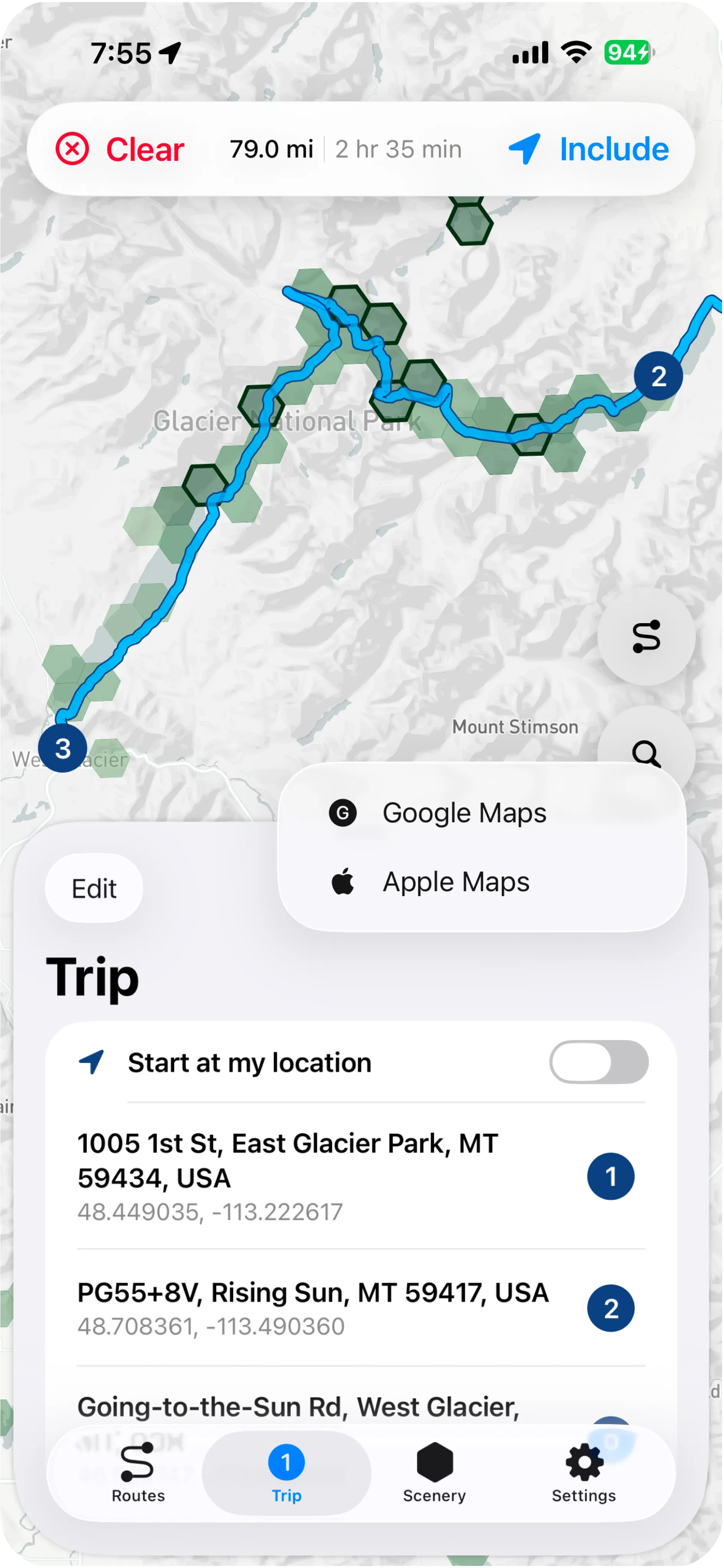 detour map with the scenery heatmap